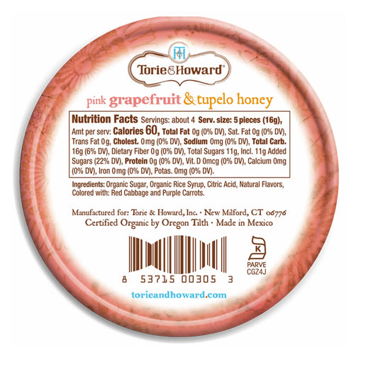 Torie & Howard Organic Hard Candy, Pink Grapefruit & Tupelo Honey 2oz